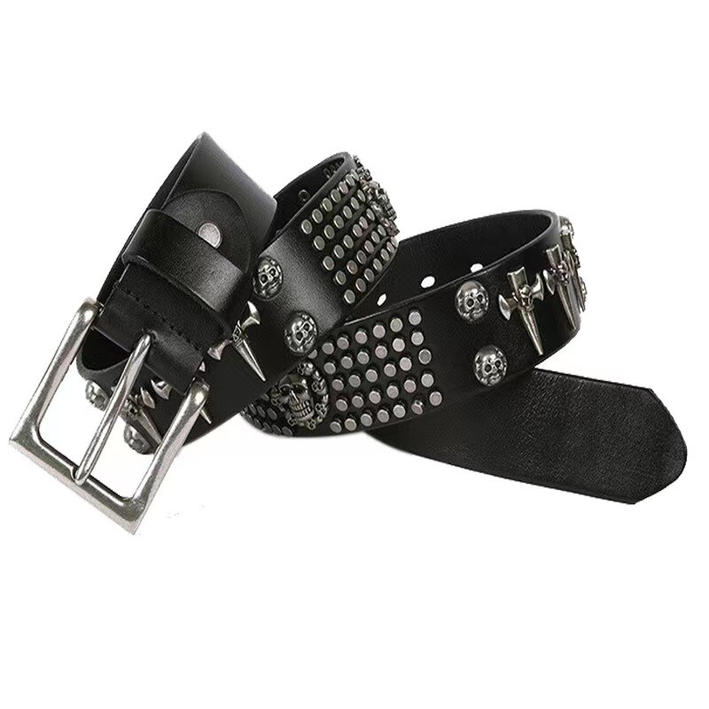 Real Leather Waist Belt Heavy Metal Cross Skull Rivet  display picture 1