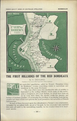 1947 Mini Poster French Wine AD Red Bordeaux Map Article Cotes de 