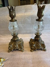 2 Vtg  Brass Tone/Clear Glass Candlestick Holder Ornate Hollywood Regency 9.1/4”