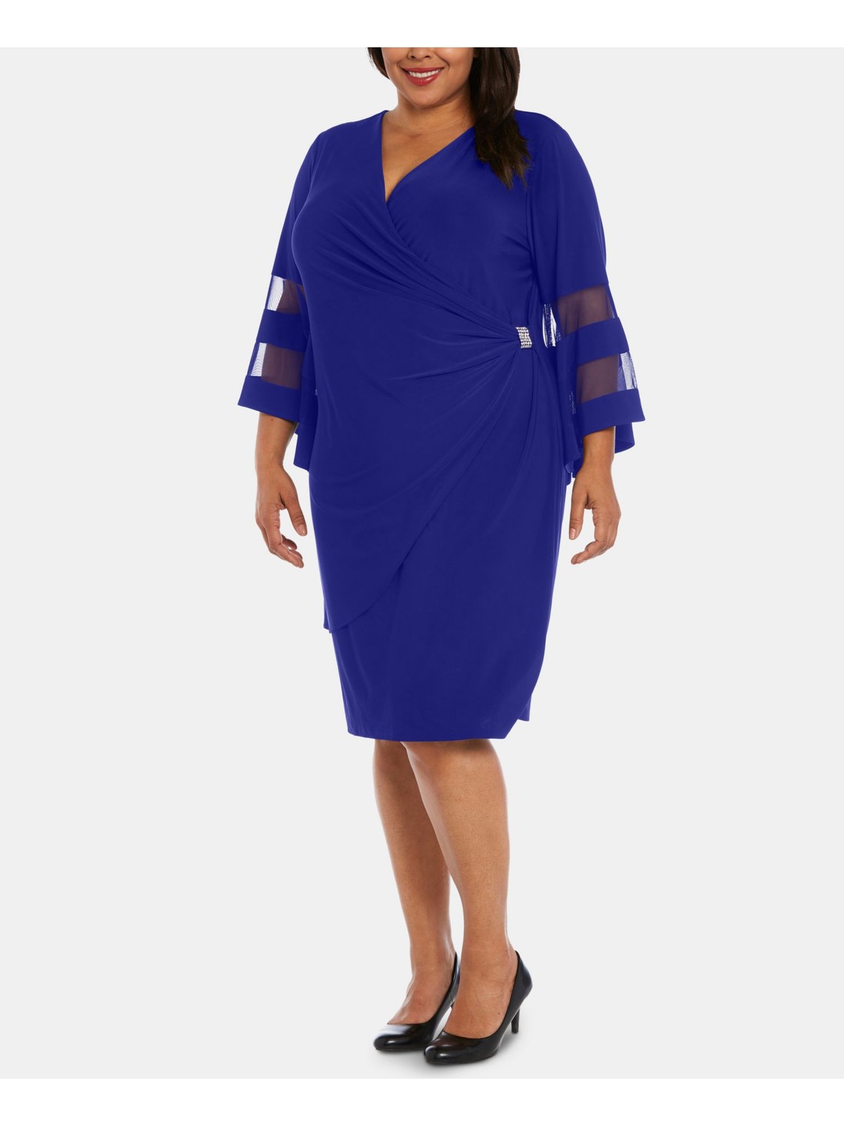 R&M RICHARDS Womens Blue Illusion Bell Sleeve Knee Length Wrap Dress Plus 18W