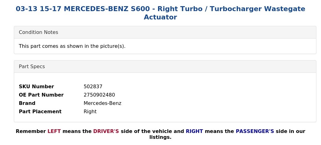 03-13 15-17 MERCEDES-BENZ S600 - Right Turbo / Turbocharger Wastegate Actuator