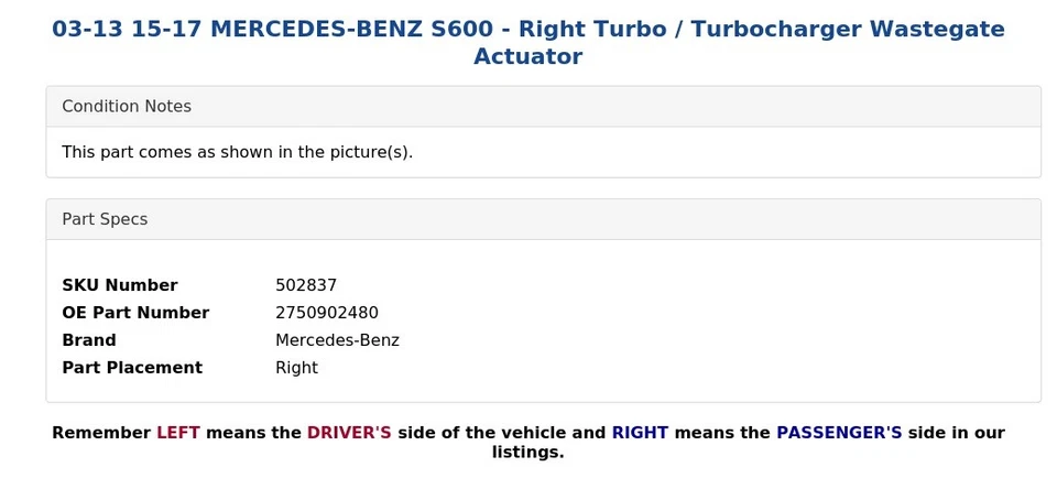 03-13 15-17 MERCEDES-BENZ S600 - Actuador de puerta de descarga turbocompresor derecho Foto 4 de 4