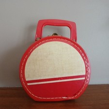 Valigia valigia bambola giocattolo viaggio bambino 6" vintage borsa rotonda rosso bianco lino look