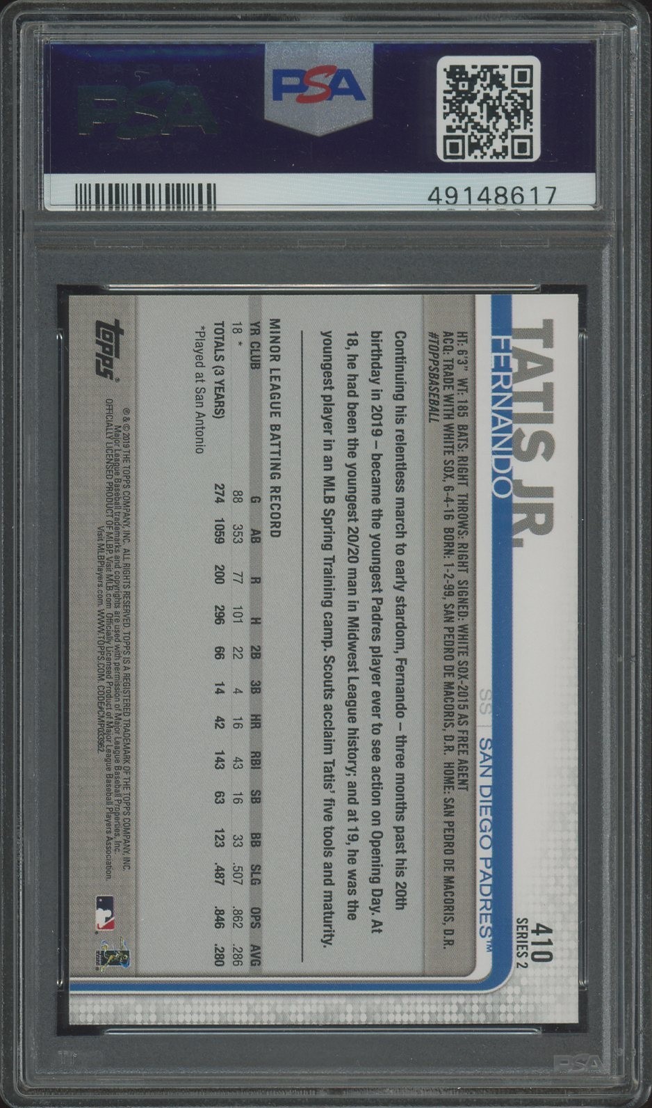 2019 Topps #410 Fernando Tatis Jr San Diego Padres RC Rookie PSA 10 GEM MINT view 2