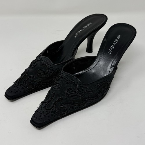Vintage Nine West Mule Womens 8.5 Black Beaded Kitten Heel Pointed Toe 90s Y2K - Picture 9 of 18