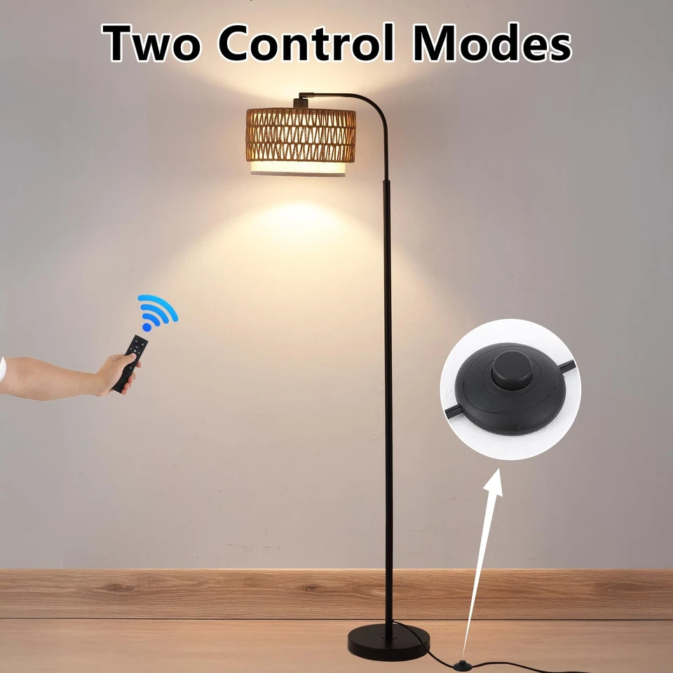 Lámpara de pie de arco para sala de estar, lámpara de pie boho con pantallas de ratán y tela... Foto 2 de 4