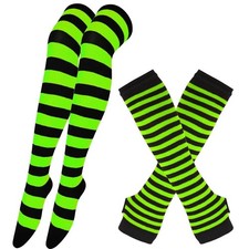 Miskon Unisex Striped Arm Warmer Fingerless Adult Size, 2a Black Neon Green