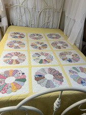 Antique Dresden Plate Pieced Quilt Sunny Yellow Florals Cottagecore Vintage