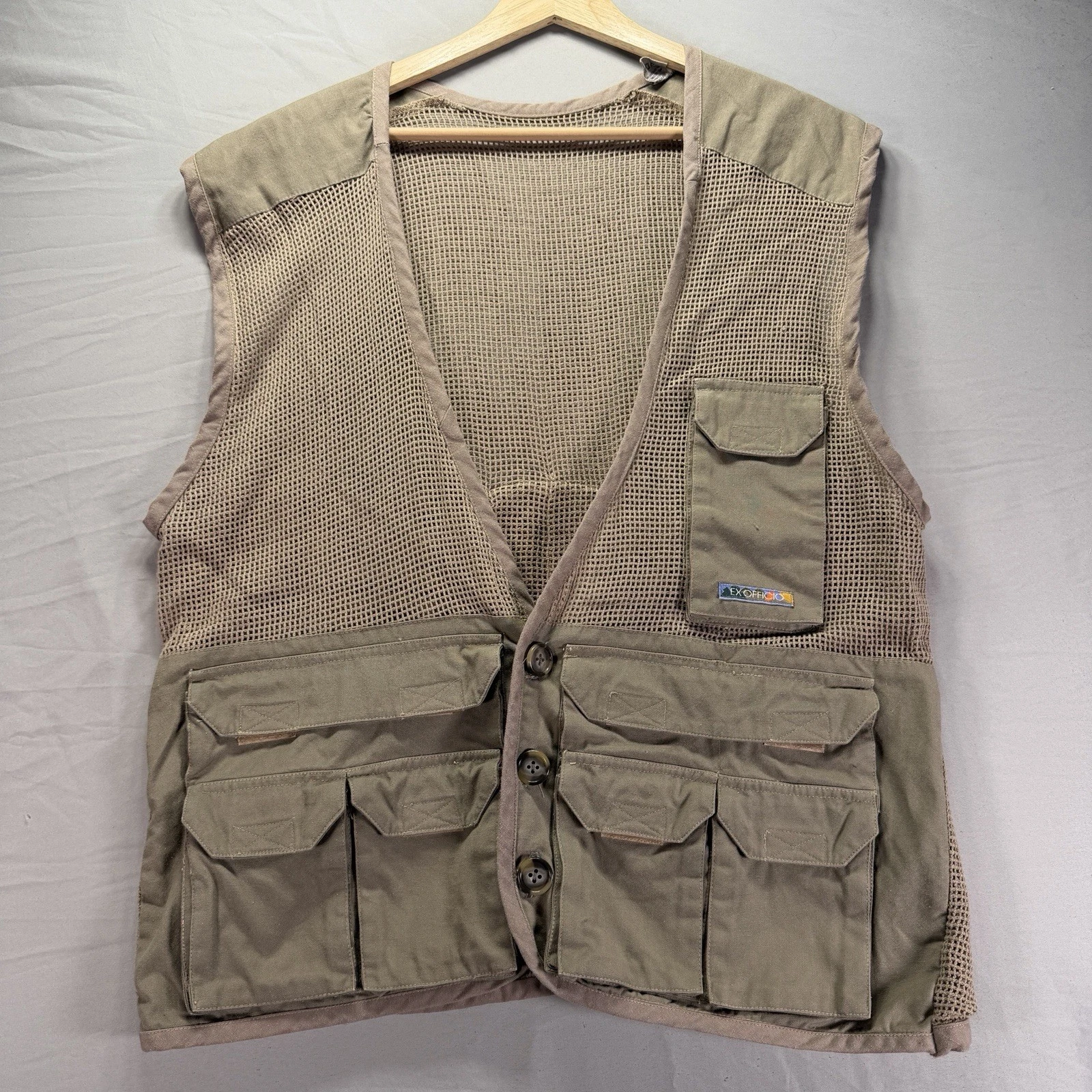 Exofficio Fishing Vest Mens XL Brown Mesh Vintage Pockets Utility Hike Camp