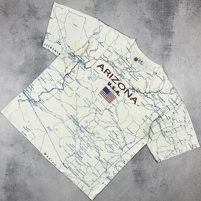 Vintage Arizona State Map All Over Print Short Sleeve T Shirt 90 s White Size L