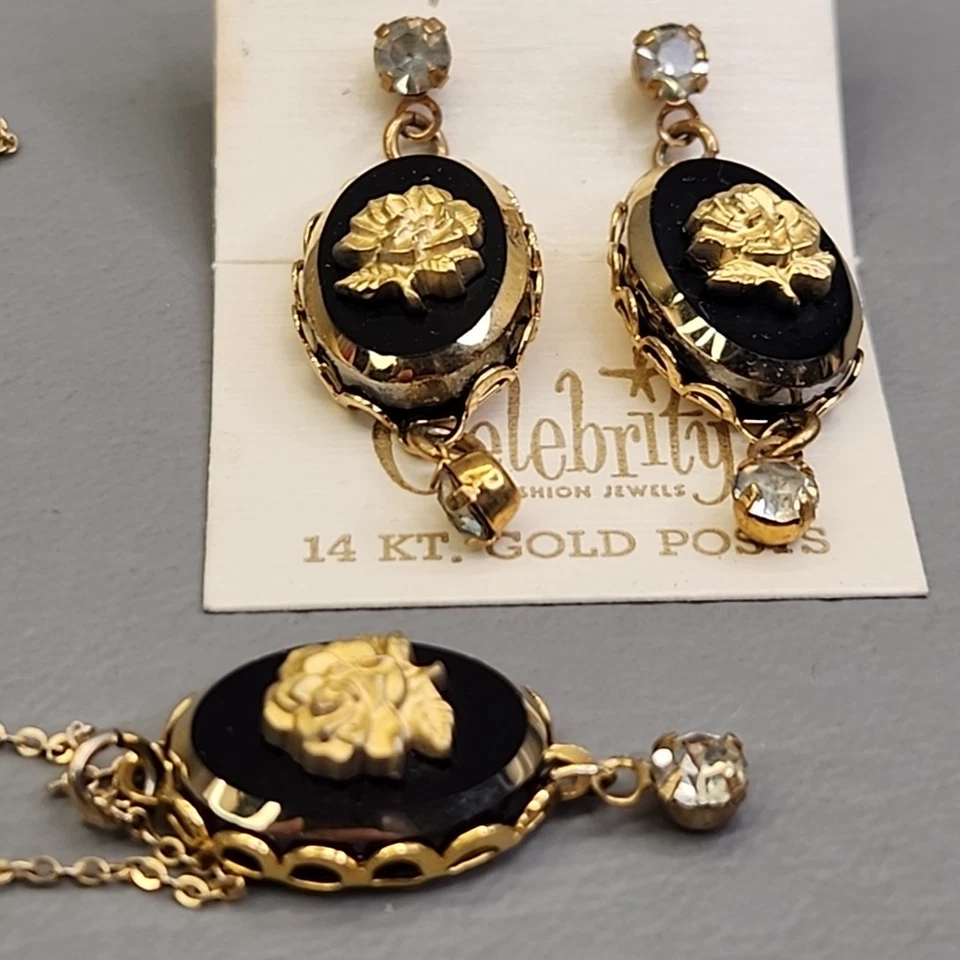 Vintage Celebrity Rose Necklace Earrings Set Pierced Dangle Black Glass 14K Post - Image 3 of 4