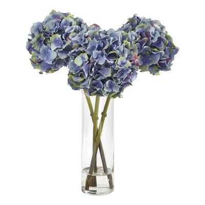 Nearly Natural 18'' Hydrangea Artificial Arrangement in Glass Vase in Blue