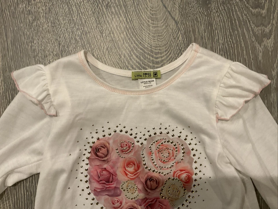 Little Mass Girls Size 6 Long Sleeve Shirt White With Flowers And Roses  - Image 3 of 4