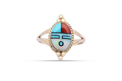 14k Yellow Gold Opal, Turquoise, Coral Inlay Native Ring Size 6.25 (2.90g.)