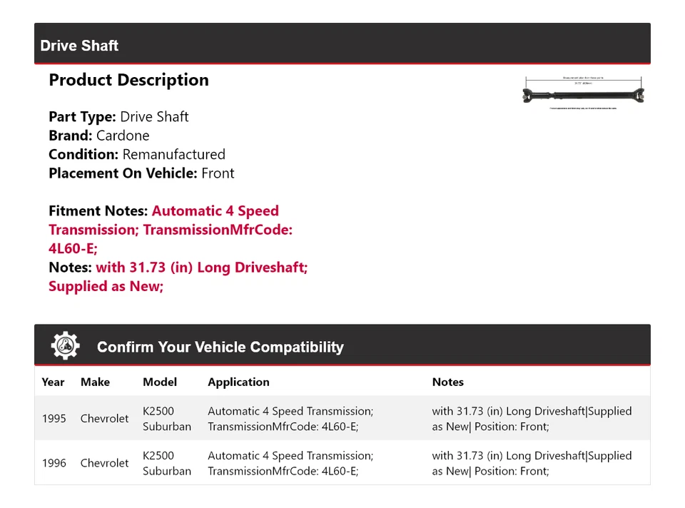 Передний кардоновый приводной вал для Chevrolet K2500 Suburban 1995-1996 годов выпуска - Изображение 2 из 2