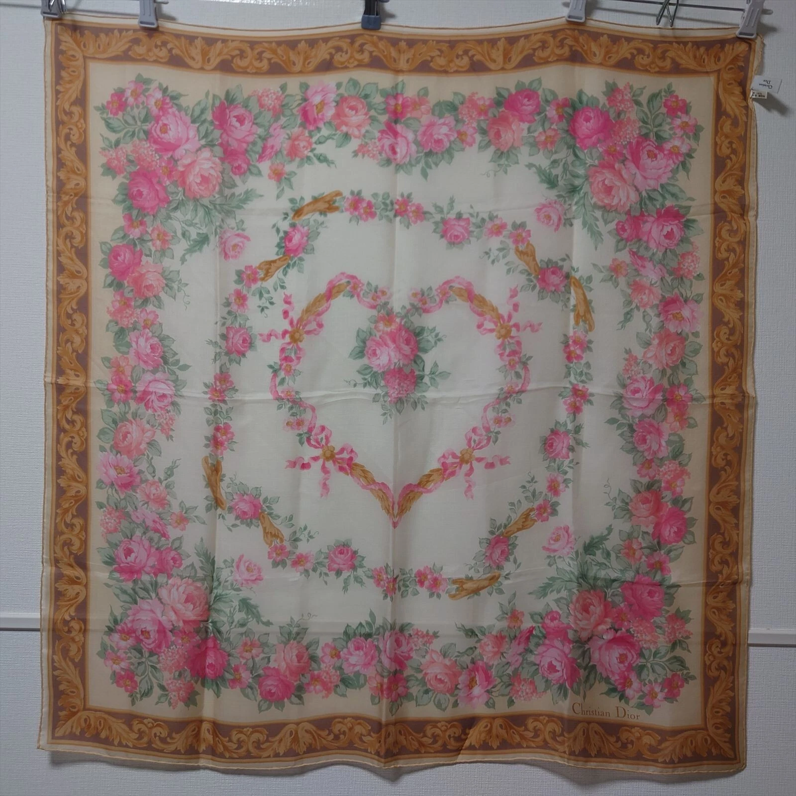 Christian Dior Foulard fin 88cm 34′′ carré soie fleur blanc