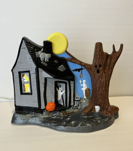Vtg 70s 80s Halloween Kimple Mold Spooky Haunted House Ceramic Light up Holiday - 第 1/9 張圖片