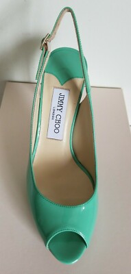 Jimmy Choo NOVA PEPPERMINT GREEN PATENT OPEN TOE SLINGBACKS EU 37