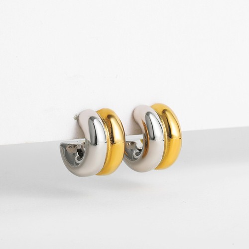 Double Layer C Shape Stainless Steel 18K Gold Hoop Earrings Bicolor Punk Jewelry - Picture 2 of 12
