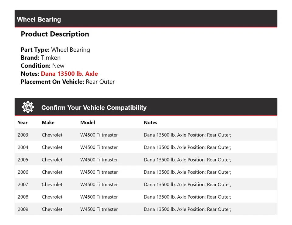 For 2003-2009 Chevrolet W4500 Tiltmaster Wheel Bearing Rear Outer Timken 2004 - Image 2 of 4