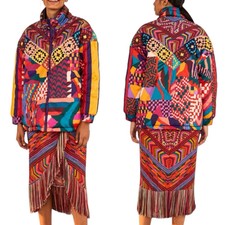Farm Rio Abstract Print Reversible Puffer Crochet Jacket Coat Size Large New