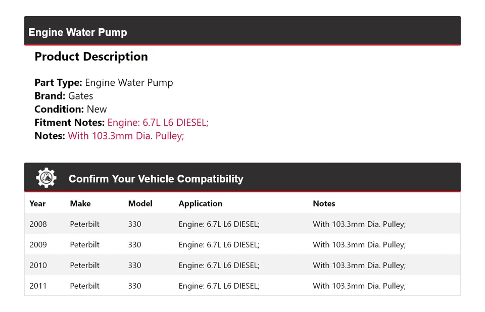 Puertas de bomba de agua para motor diésel Peterbilt 330 2008-2011 6,7 L L6 2009 2010 Foto 2 de 4