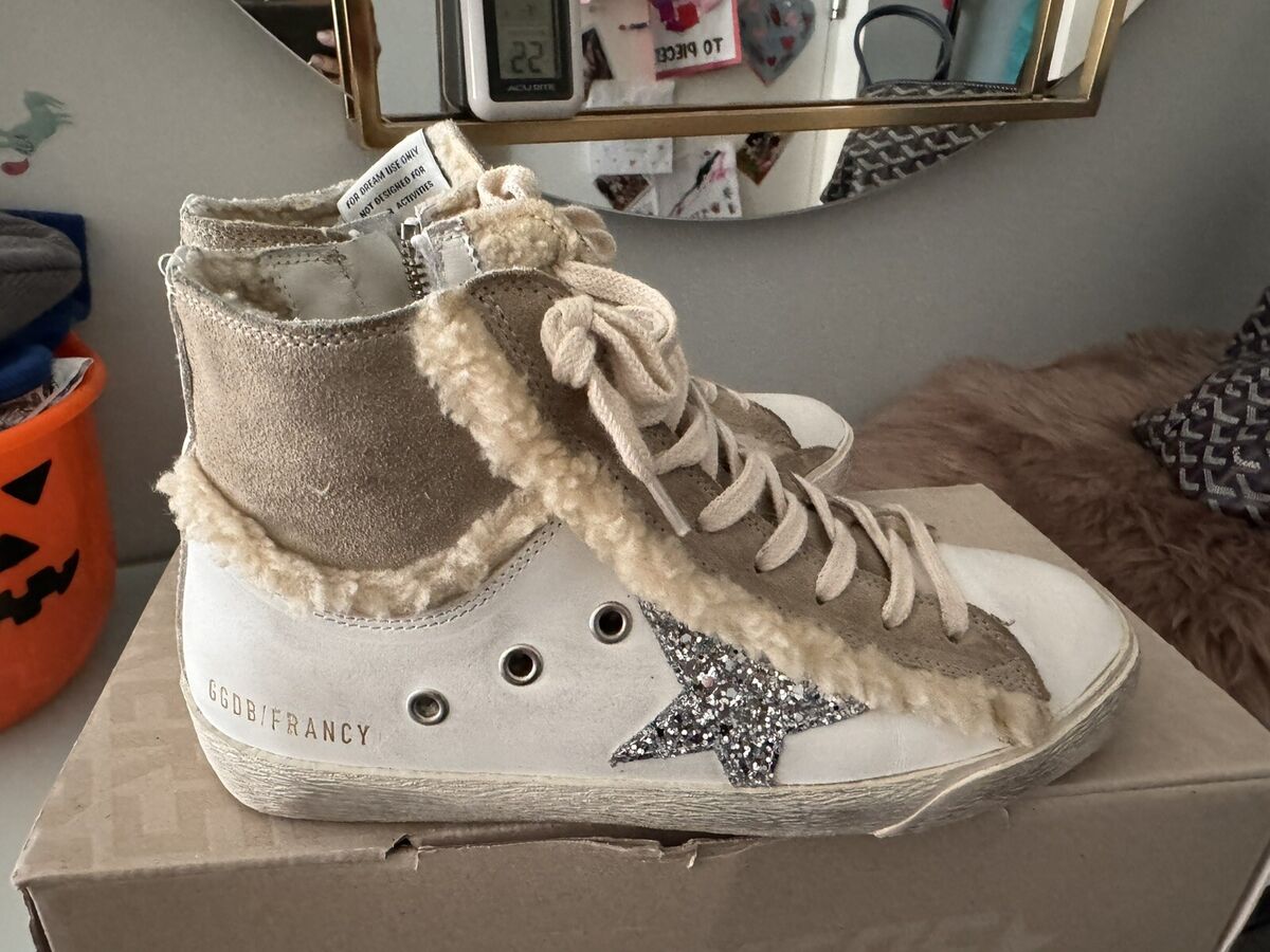 Golden Goose Francy Shearling White Taupe Silver High Top Golden Goose Francy Shearling White Taupe Silver High Top