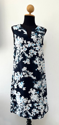 M&S Leinenmischung Kleid - Blumenmuster dunkelblau ärmellos mittellanges Kleid - Größe 8