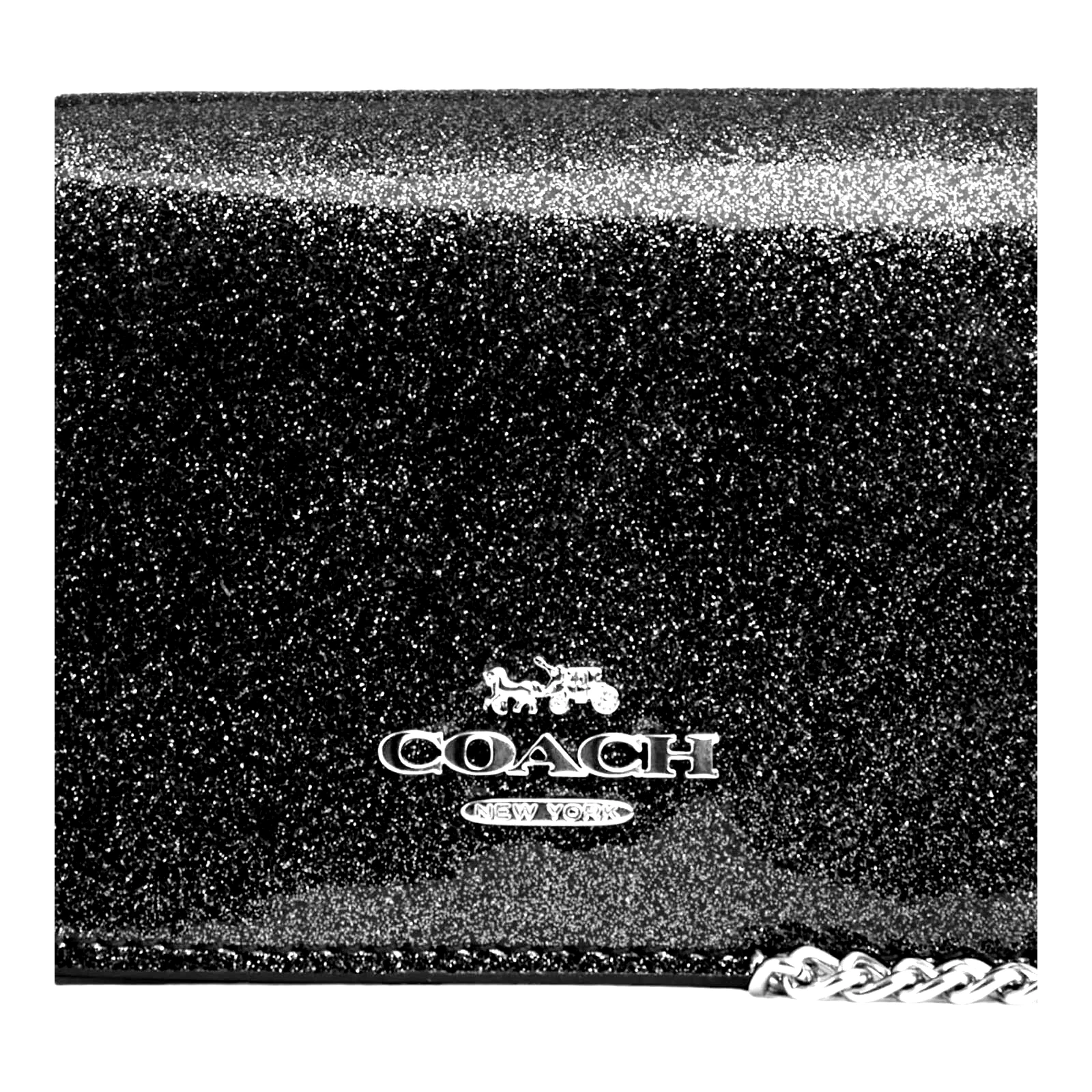 NUOVO MINI PORTAFOGLIO COACH A CATENA Gunmetal Glitter Pelle Patinata Argento Grigio + SCATOLA