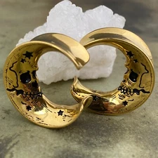 Pair of 316L Gold Steel Saddles with Skull Faced Moon (PS-291, Gold) gauges