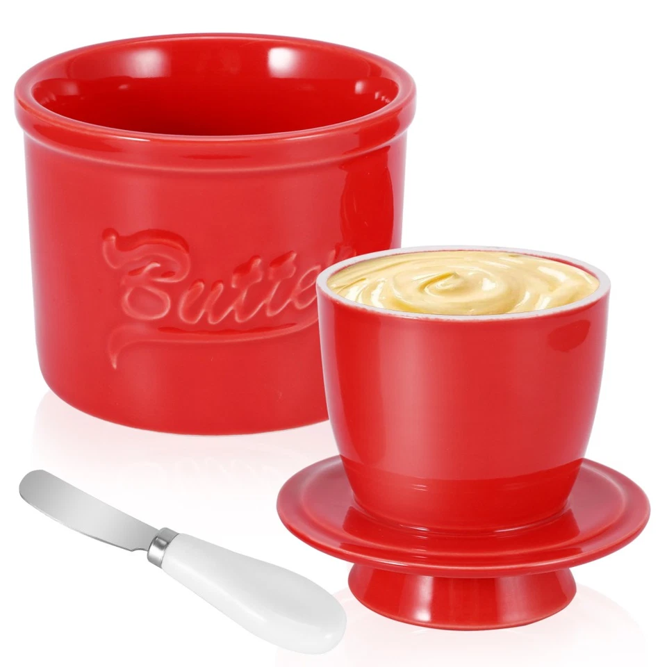 Keramik Butterdose mit Deckel &Buttermesser Französische Butterglocke Buttertopf - Bild 2 von 4