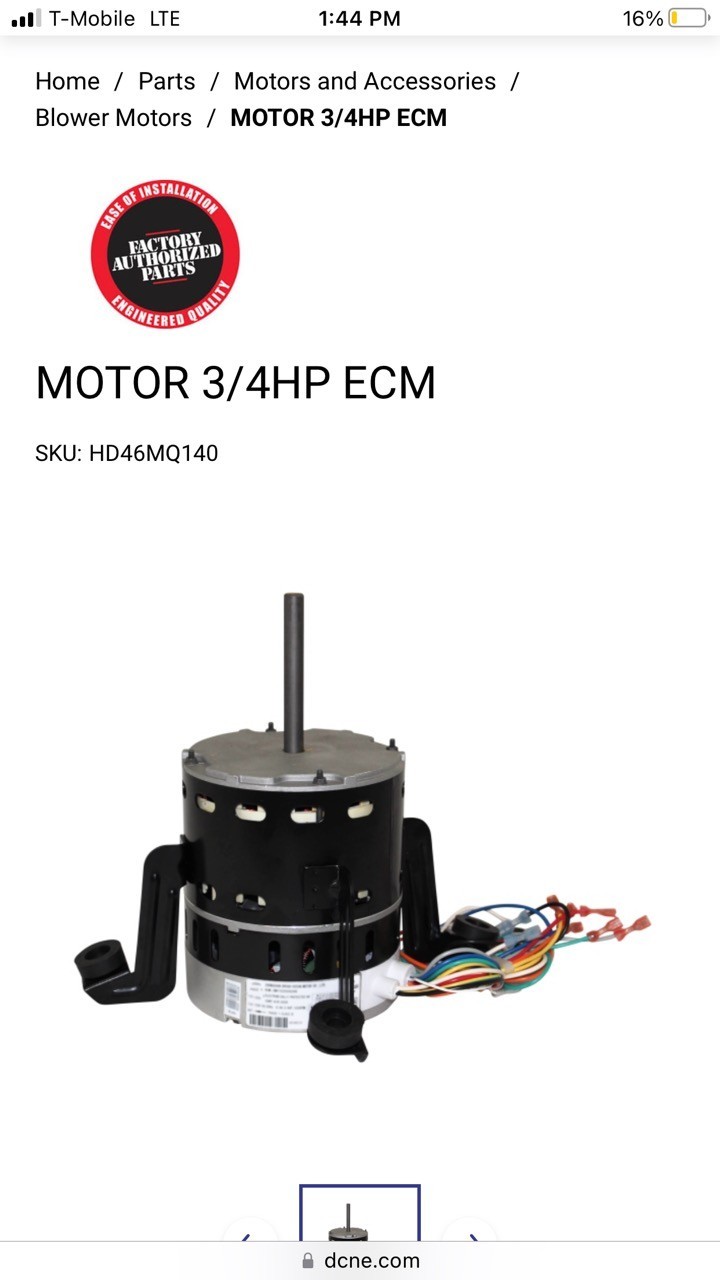Factory Authorized Parts HD46MQ140 3/4hp ECM BLOWER MOTOR
