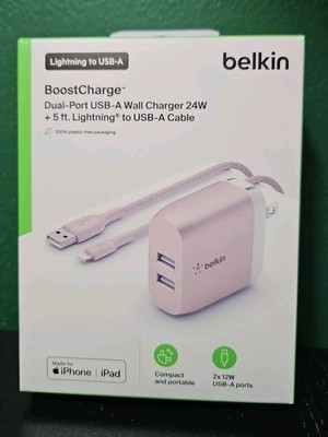 Belkin  BoostCharge Dual Port USB Wall Charger 24W + 5FT MFI Apple Cable - Pink 