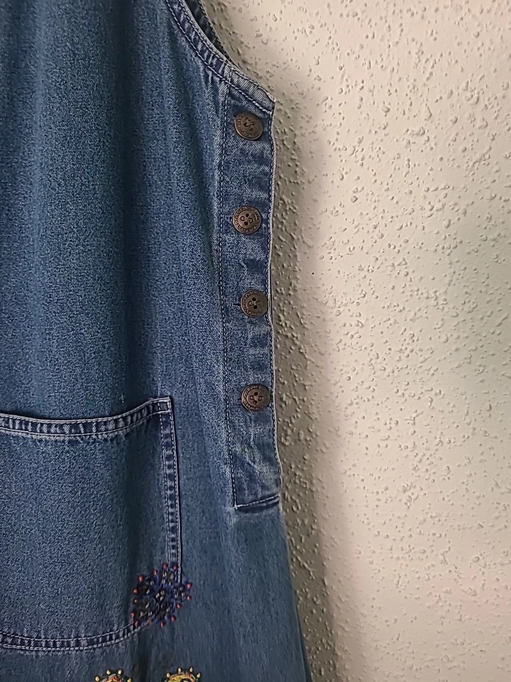 Vintage Denim Dress Embroidered Garden 2X Blue Denim Sleeveless Cottage Whimsy - Image 4 of 4
