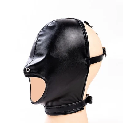 Soft PU Leather Bondage Head mask mouth Open Headgear adjustable head hood - Image 1 of 4