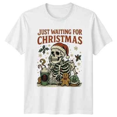 Just Waiting For Christmas Holidays Skeleton Men Womens Graphic Tee