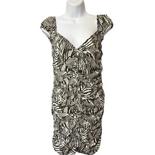 WILFRED Aritzia Veda Ruched Mini Dress Animal Print Black Cream Sz 2 Sexy VNeck