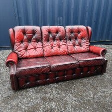 Vintage Oxblood Leather Three Seater Chesterfield Button Back Sofa With Studs