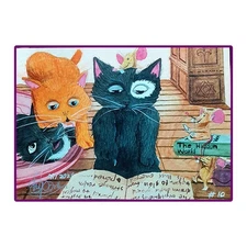 Original ACEO Cats and Rats with Story Book Watercolor Painting Signed SSJ Pedig