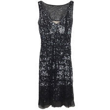 Scala Sequin Mesh Midi Sheath Dress Sleeveless Sheer Lined V-Neck Black Small