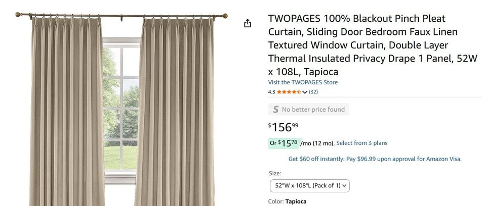 Tapioca Blackout Pinch Pleat Curtain 52x108” Thermal Double Layer Drape, 2 panel - Image 2 of 4