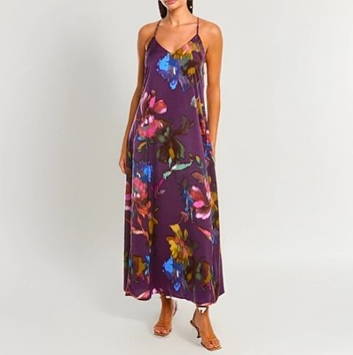 Nicole Miller Purple Floral Silk Satin Maxi Slip Dress V-Neck Size 6