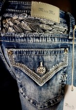 $118 Buckle Miss Me Jeans "Sequins Feathers Yoke" Mid-Rise Boot 28 X 31