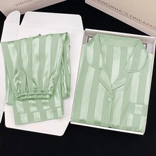 Damen Pyjama Set Zweiteiler Lange Ärmel Gestreift Satin Schlafanzug Komfort