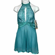 Seven Til Midnight Lace Mesh Babydoll Lingerie MEDIUM Teal High Neck Sheer Flowy