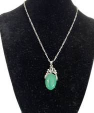 Vintage Monet Silver Tone Chain Necklace with Green Stone Pendant 15"