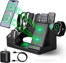 Black Leather Desk Organizer Charging Station,Office Supplies Desk Accessories,