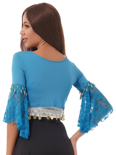 Women Lace Flare Sleeve Gold Coins Lace-Up Shawl Indian Clothing Belly Dance AU - Picture 75 of 85