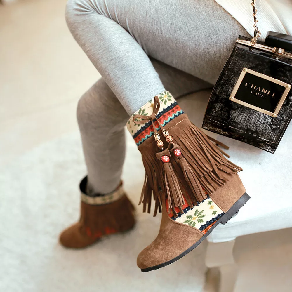 Mujeres Invierno Borla Tobillo Botas Cortas Tacones Ocultos Gamuza Informales Zapatos Boho Talla