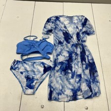 Oranchids Blue 3 Piece Marble Print Criss Cross Bikini Set Girls Size 11-12 NEW
